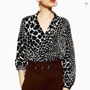 Topshop Black and White Giraffe Print Collared Blouse - Size 8